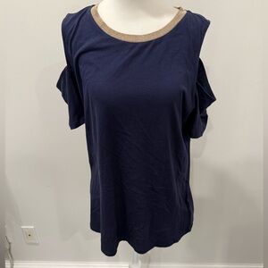 Michael Kors Navy Cold-Shoulder Tank with Gold Trim